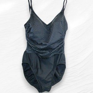 TROPICAL ESCAPE BLACK W WHITE POLKA DOT ONE PIECE SWIMSUIT